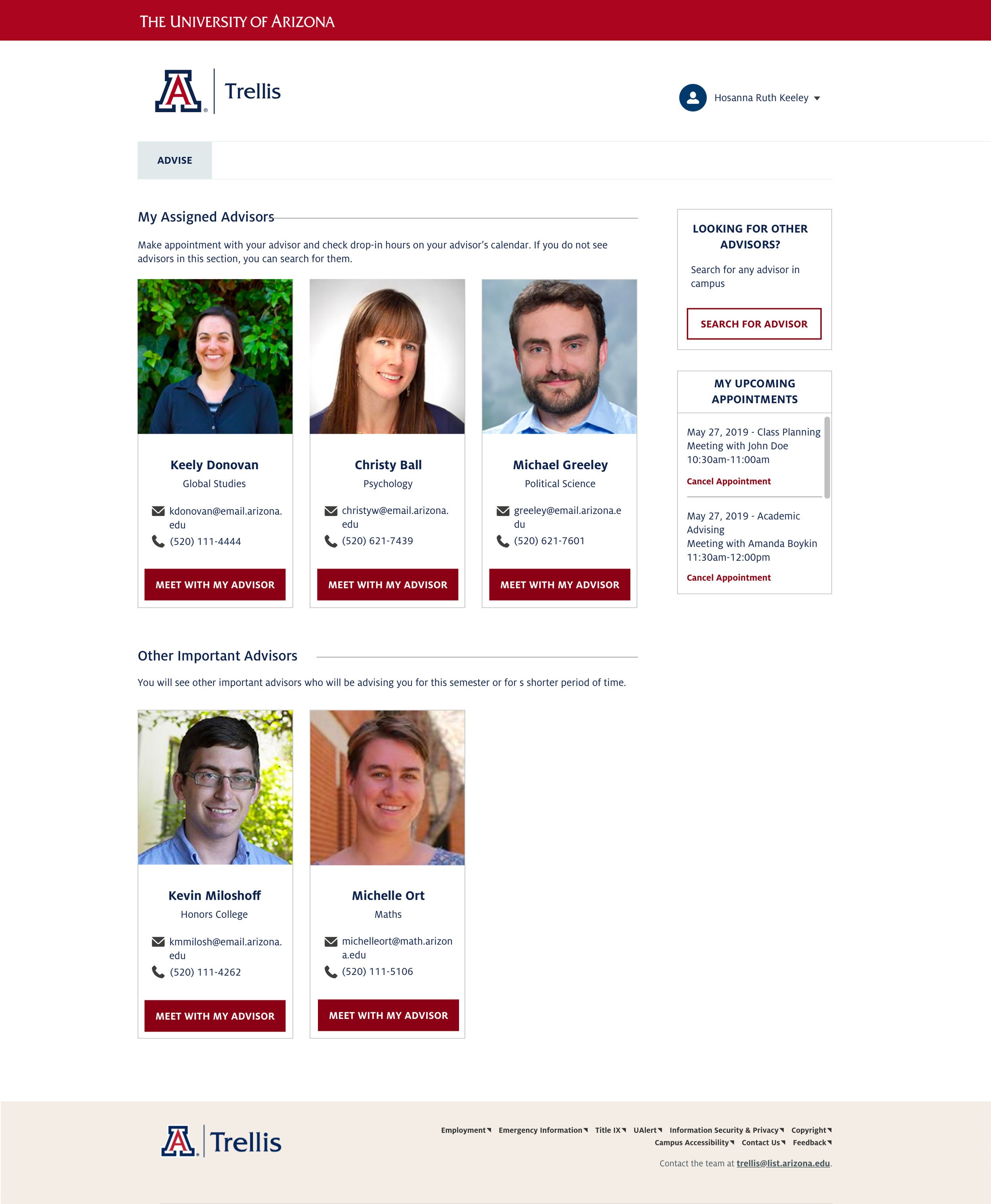 Appointment Scheduler — home screen with assigned advisors